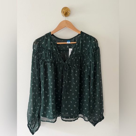 Old Navy Tops - Old Navy Dark Green Floral Tie-Neck Blouse - Women Tops